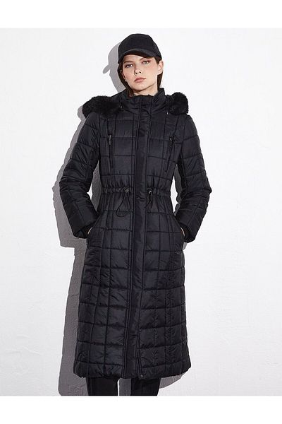 Kayra Faux Fur Waist Drawstring Coat Black