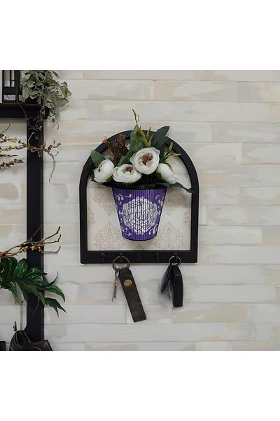 CajuArt Purple Flower Pot Color White Artificial Flower Patterned Wooden Motif Wall Decor