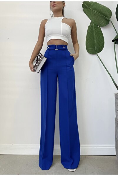 H&A İSTANBUL Kadın Yüksek Bel Palazzo Düğmeli Detay Slim Fit Kalip Pantolon