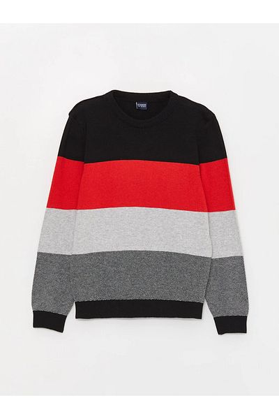 LC Waikiki Ribbed Crew Neck Color Blocked Long Sleeve Boy's Knitwear Sweater with Ribbed Cuffs and Bottom