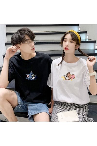 FULL TOLERANCE Tom And Jerry Design Lover Couple Combination White Oversize Tshirt Σετ 2 τεμαχίων