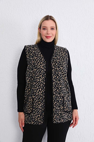 Kardelen Butik Ümraniye Plus Size Black Cream Leopard Fleece Vest