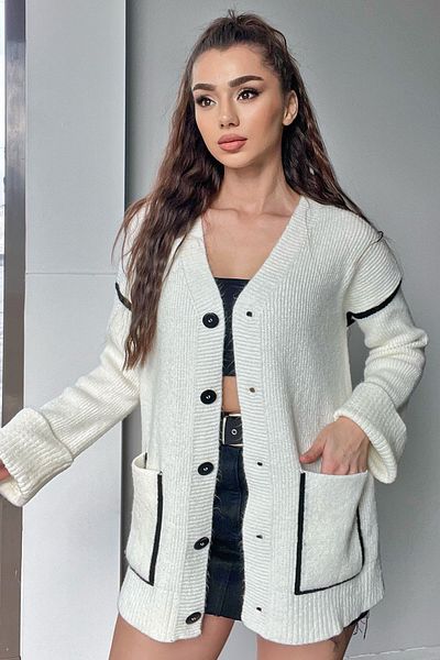 GÜLSELİ Cardigan de tricotaj cu model cu dungi crem pentru femei