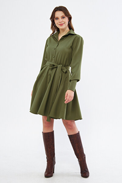 Bidoluelbise Dokuma Dökümlü Kumaş Uzun Kol Beli Lastikli Ve Kuşaklı Mini Gömlek Elbise