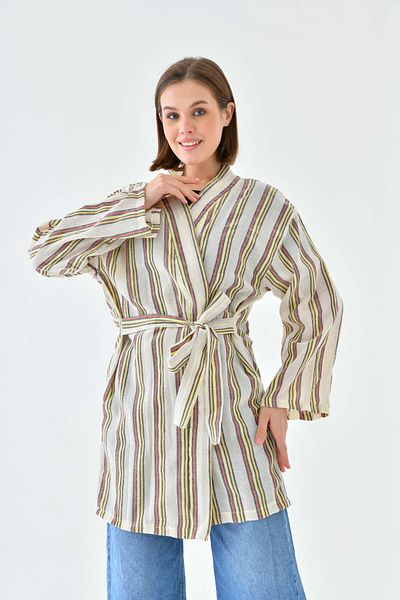 mirach Loincloth Bathrobe Hand-Woven Kimono Caftan Belted Striped Red Green Natural Fabric Pareo