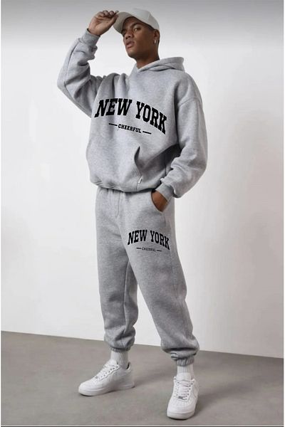 mercoledi New York printed ανδρικό σετ γκρι τσέπες καγκουρό με κουκούλα στο κάτω μέρος πάνω σετ υπερμεγέθη φόρμα αθλητικής φόρμας Τσέπη καγκουρό