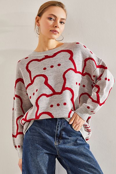 Bianco Lucci Pulover oversize pentru damă, tricotaj cu model ursuleț
