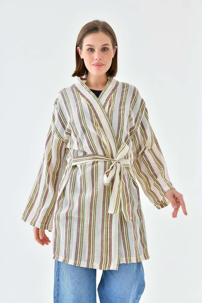 mirach Loincloth Bathrobe Hand-Woven Kimono Caftan Belted Striped Red Green Natural Fabric Pareo