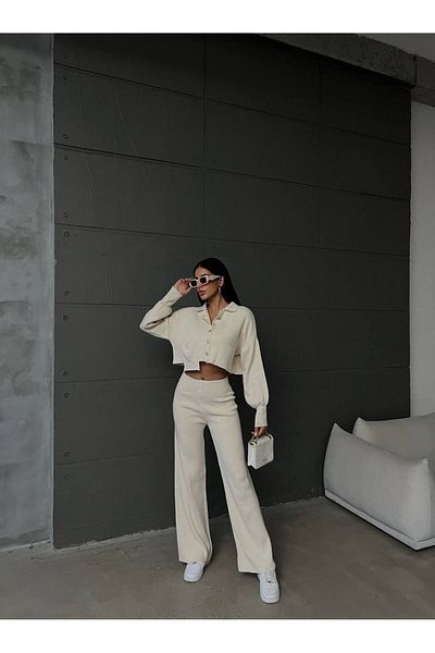 Hazinedan Women's Ecru Gold Buttoned Cardigan Trousers Set