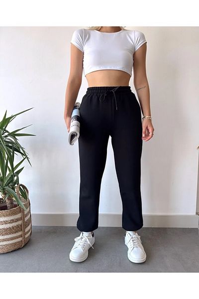 EXPECTED Μαύρο Basic Jogger Knitted Sweatpants με Fleece Εσωτερικά 2 κορδόνια