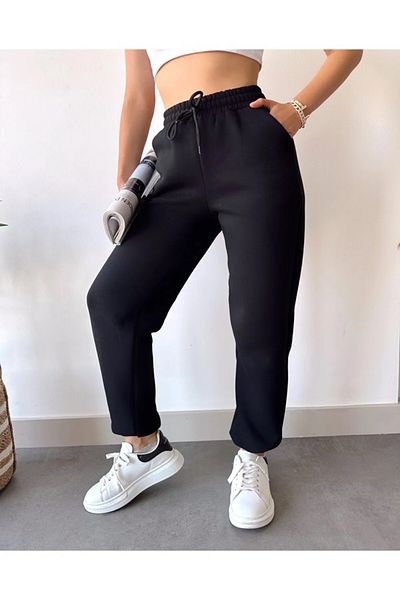 EXPECTED Μαύρο Basic Jogger Knitted Sweatpants με Fleece Εσωτερικά 2 κορδόνια