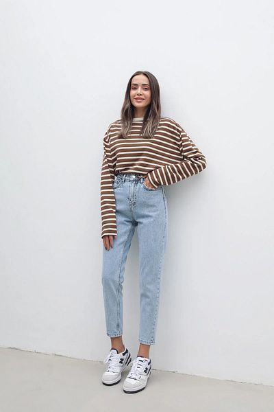 MAKRAS EXCLUSIVE Pantaloni de damă Lisa cu talie înaltă, albastru, spălat cu zăpadă, din lycra Mom Jean