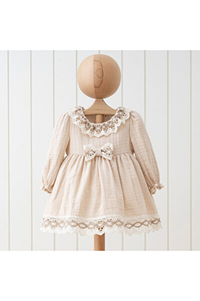 DIDuStore Çiçek Dantel Yaka Detaylı ve Fiyonk Süslemeli Şık Kahverengi Kız Bebek Elbisesi