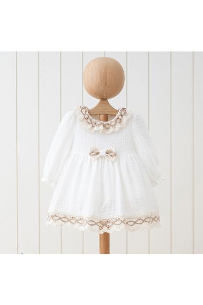 DIDuStore Stylish Ecru Brown Baby Girl Dress with Floral Lace Collar Detail and Bow Decoration