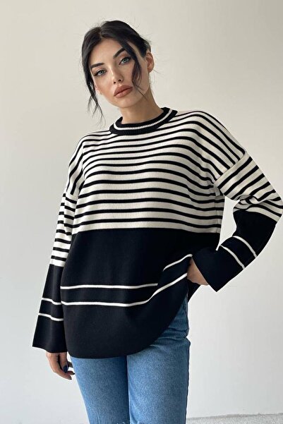 vuvutasarım New Season Women's Knitwear Fabric Crew Neck Striped Pattern Oversize Sweater 198