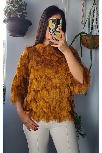 Ece Kahraman Saçaklı Bluz Koyu Hardal