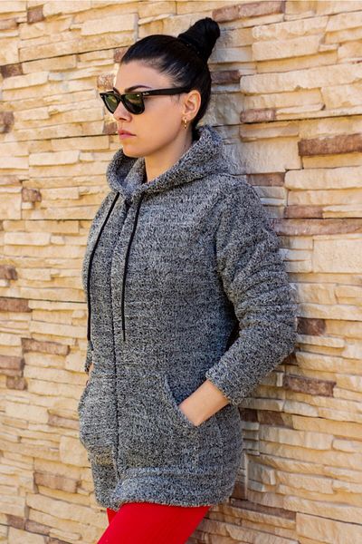 Azıcık Akıllı Women's Gray Plush Thick Zippered Hooded Pocket Jacket 23kcktmy50