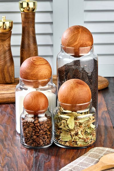 FBZhome 4-Piece Glass Jar Set with Wooden Ball Lid Spice Bowl and Storage Container 1300-800-500-300 Ml