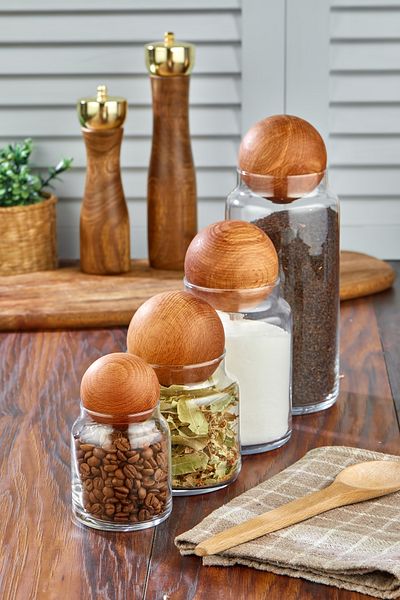 FBZhome 4-Piece Glass Jar Set with Wooden Ball Lid Spice Bowl and Storage Container 1300-800-500-300 Ml
