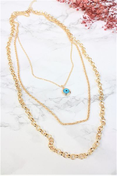 Neva GOLD PLATED EVIL EYE MOTIF TRIPLE COMBIN BIGUTER NECKLACE