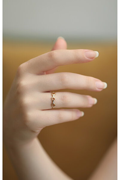 Kuyumcum 14 Ayar Altın Mini Taşlı Kalp Eklem Yüzük, Anneye Eşe Sevgiliye Hediye