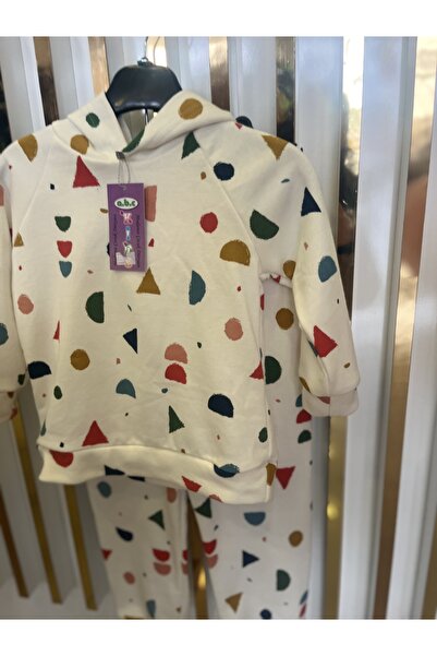 ÇAĞLA KURT Unisex Geometric Patterned Long Sleeve Hooded Sweatshirt Girls Boys Hooded Cream Tracksuit Set