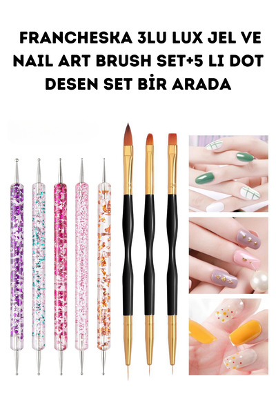 Francheska KALICI OJE PROTEZ TIRNAK 3LU LUX JEL VE NAIL ART BRUSH SET+5 LI DOT DESEN SET BİR ARADA