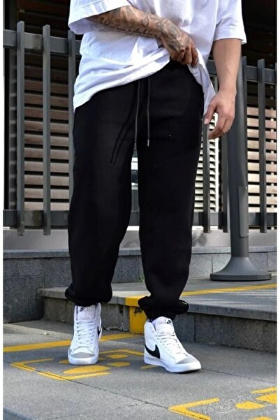 FİTGO Μαύρο βαμβακερό παντελόνι φόρμας με λαστιχένια μανσέτα