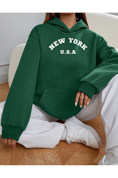 RABTEKS Дамски зелен суитшърт от полар с качулка и щампа New York Oversize