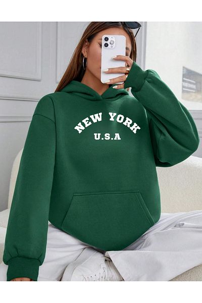 RABTEKS Дамски зелен суитшърт от полар с качулка и щампа New York Oversize