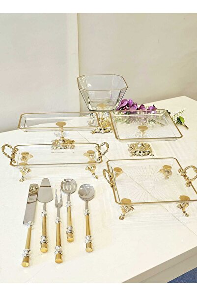 MaviDamla 10 Parca Klasık Döküm Ayaklı Sunum Seti Yaldız Detaylı