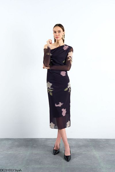 Liora Women's Black Digital Printed Boat Shoulder Tulle Dress