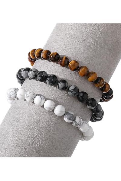 NBS Beautiful Naturel Stones طقم تصميم أنيق للرجال سوار من الحجر الطبيعي (حجر السج، هاولايت، النمر) صناعة يدوية عالية الجودة