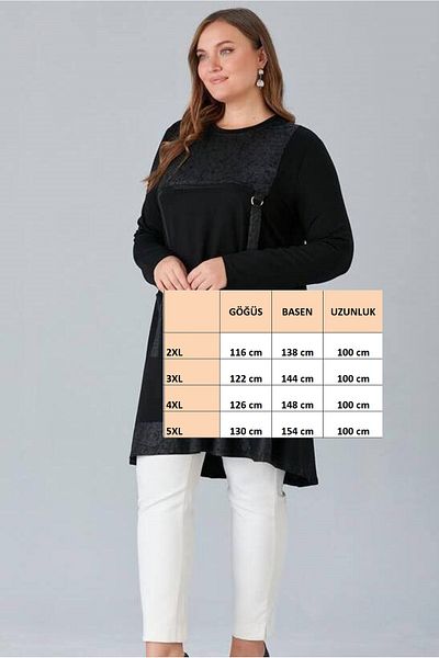 FOR ESRA BIG TREND Women's Large Size Block Patterned Accessory Detail Front Single Pocket Flexible Viscose Tunic