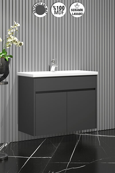 ÖZCEDEN Çiğdem 65 cm Antrasit Gri Mat MDF Seramik Lavabolu Asma Banyo Alt Dol...