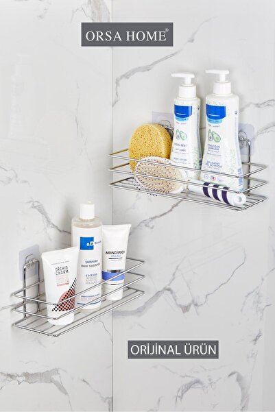 ORSA HOME 2 Adet Krom Güçlü Magic Yapışkan Askılı Banyo Rafı