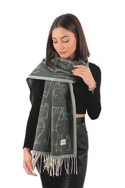 Bursa İpek Green Cat Pattern Winter Shawl