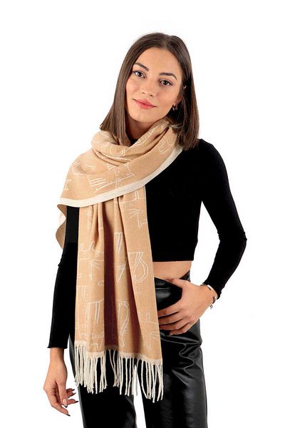 Bursa İpek Beige Cat Pattern Winter Shawl