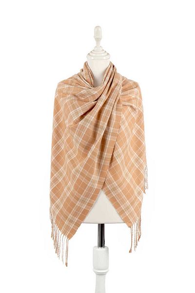 Bursa İpek Milky Brown White Plaid Pattern Winter Shawl
