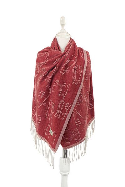 Bursa İpek Burgundy Cat Pattern Winter Shawl