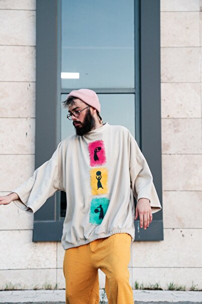 melongeneco Oversize Geniş Kol Handmade Polar Colorkadym Panço Sweatshirt