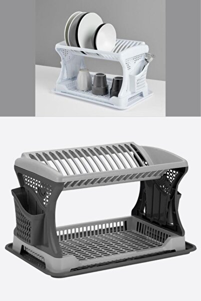 Flosoft İki Katlı Bulaşık Sepeti, Modüler Bulaşıklık Tabaklık, Bölmeli Tabak Kaşık Çatal Kurutmalık