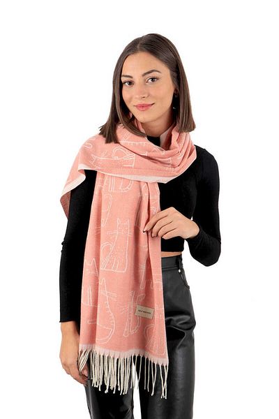 Bursa İpek Salmon Cat Pattern Winter Shawl