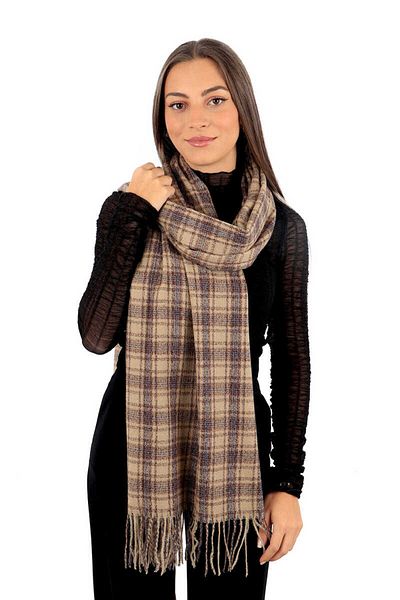 Bursa İpek Beige Brown Plaid Pattern Winter Shawl