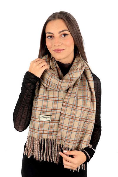 Bursa İpek Beige Blue Plaid Pattern Winter Shawl