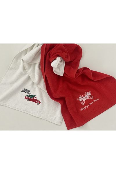 Casamollis 100% Cotton Embroidered Kitchen Hand Face 50x90cm Red And White Color Christmas Boxed Towel Set