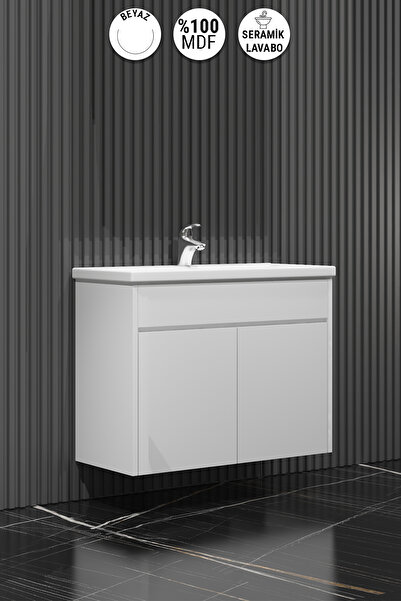 ÖZCEDEN Çiğdem 65 Cm Beyaz Mdf Seramik Lavabolu Asma Banyo Alt Dolabı
