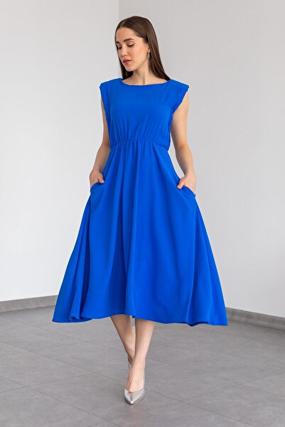 WOMAN VISION Rochie de damă, cu talie, cu detaliu din cauciuc, cu umeri, căptușită, cu croiala evazată, albastră, lungime midi 083