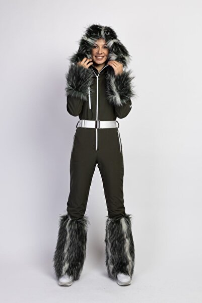 serpildinc Sd Kürk Detaylı Kapüşonlu Haki kar Kayak Tulum skisuit(el Tozluklu)