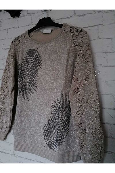 anne moda ankara Блестящ, памучен пуловер с дълъг ръкав и двоен шарен лист